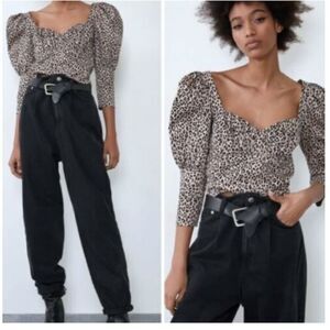 Zara Crop Top Leopard Print with Puffed Sleeves size XL